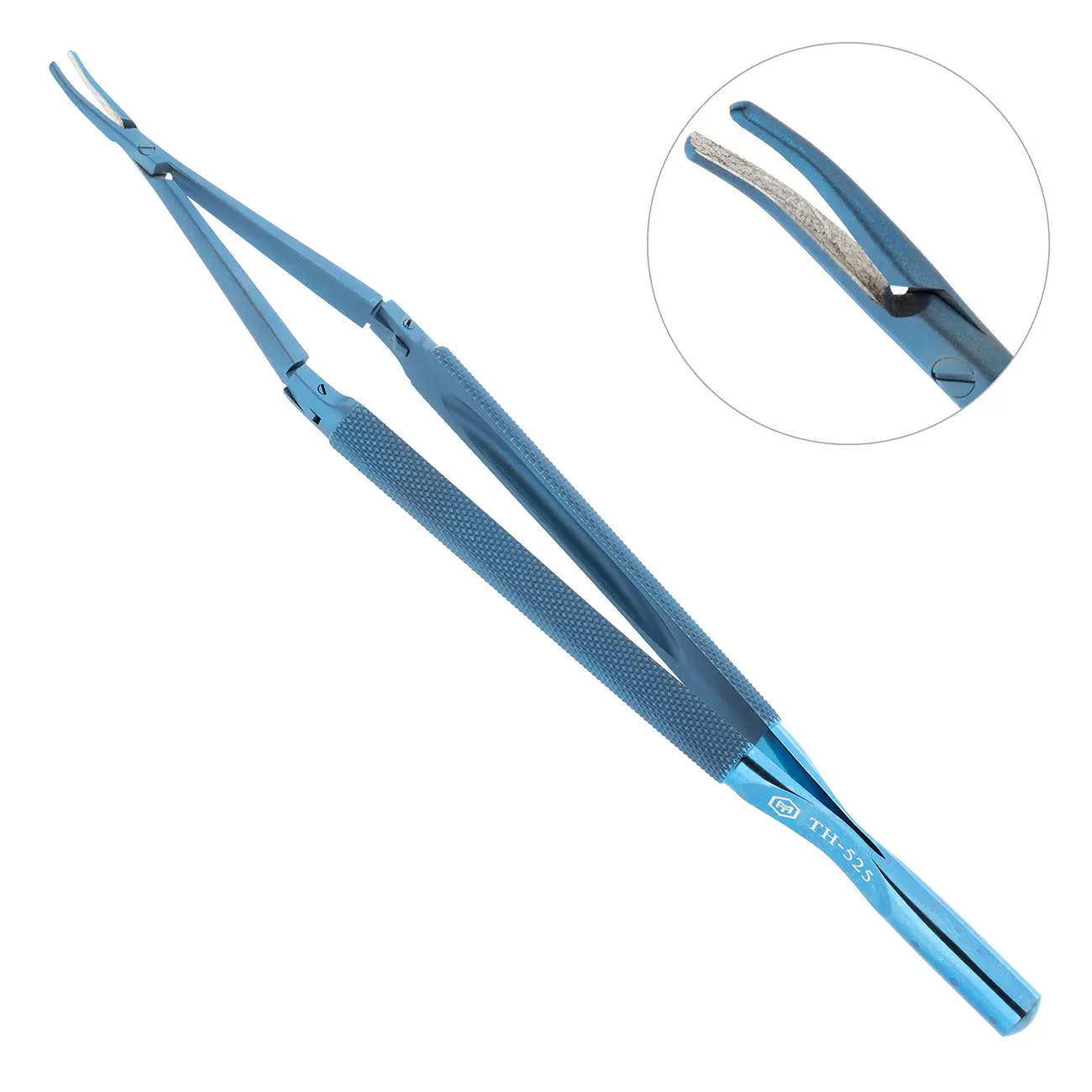 Иглодержатель микрохирургический трехшарнирный изогнутый TH-525 (для иглы 5/0, 6/0) (1,2мм/180мм), TH-525